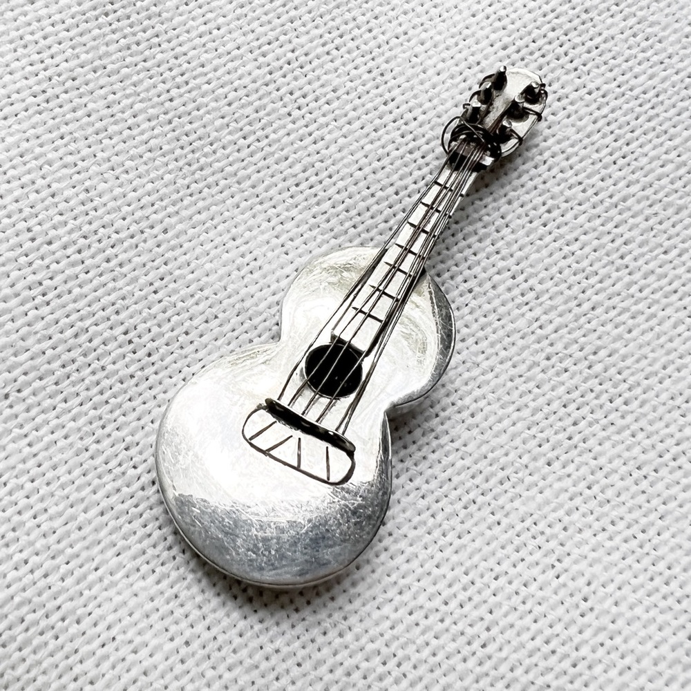 1970s Vintage TAXCO Mexico Guitar Sterling Silver Brooch Pin - Picture 1 of 8